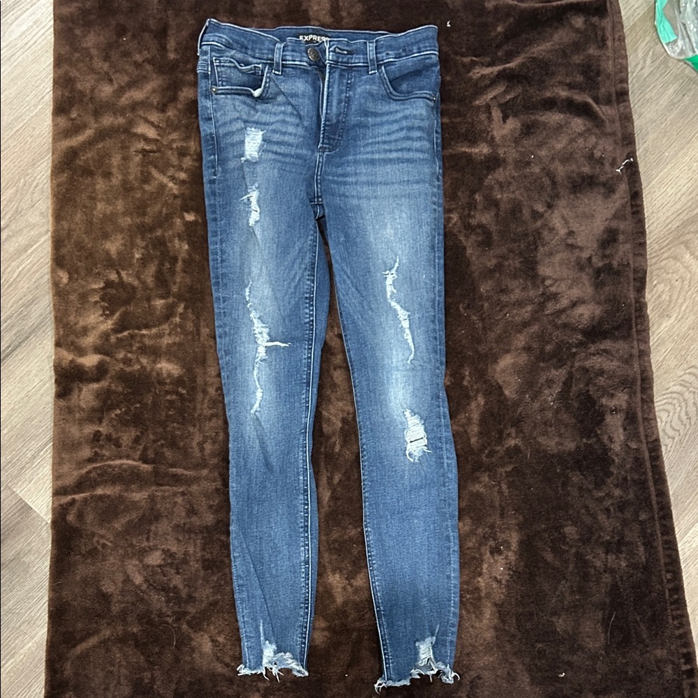 Express Dark Blue Distressed Skinny Jeans